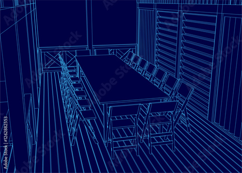 A blue drawing of a dining room with a long table and chairs. The chairs are arranged in rows and the table is surrounded by chairs. Scene is calm and inviting
