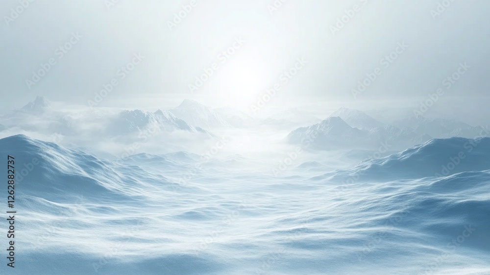 Serene Winter Landscape: Foggy Mountains and Snow Covered Plains Serene Winter Landscape: Foggy Mountains and Snow Covered Plains