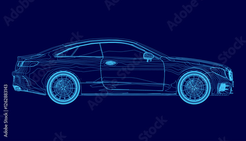 A blue car is shown in a computer generated image. The car is a sports car with a sleek design and a shiny finish. The image has a futuristic and modern feel to it. Side view