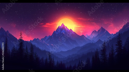 Sunset Mountain Range, Starry Night, Digital Art