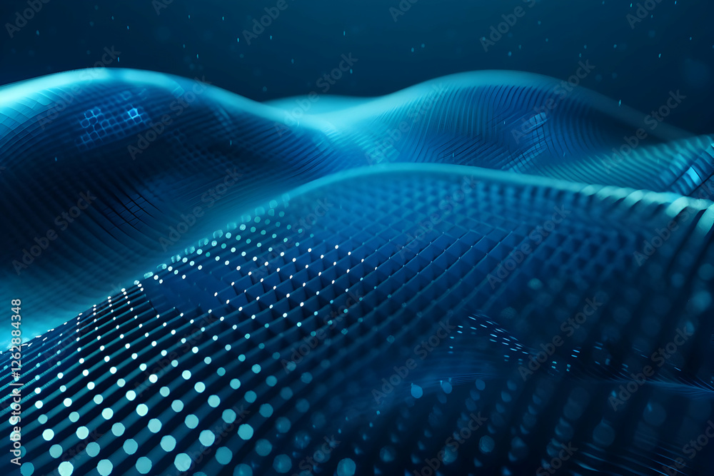 Abstract representation of flowing digital waves with illuminated patterns in a serene blue background Abstract representation of flowing digital waves with illuminated patterns in a serene blue background