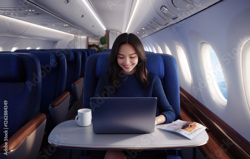 A woman is working on a laptop in a plane, enjoying a beverage, amidst a comfortable, modern cabin setting.