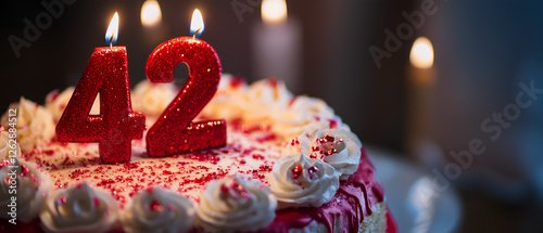 42 birthday celebration background with number and birthday cake; burning candle as a decoration; dark festive party celebration backdrop with copy space photo