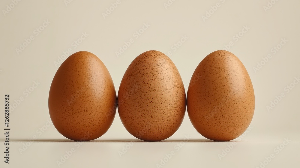 Three cheerful brown eggs, arranged in a playful triangle, exude warmth and charm in a minimalist composition, on a crisp white . Three cheerful brown eggs, arranged in a playful triangle, exude warmth and charm in a minimalist composition, on a crisp white .