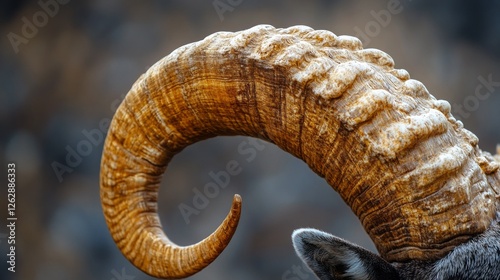 This close-up focuses on a goat's horn, highlighting its unique textures and graceful curve. The rugged surface contrasts beautifully with the blurred background, creating a striking visual.