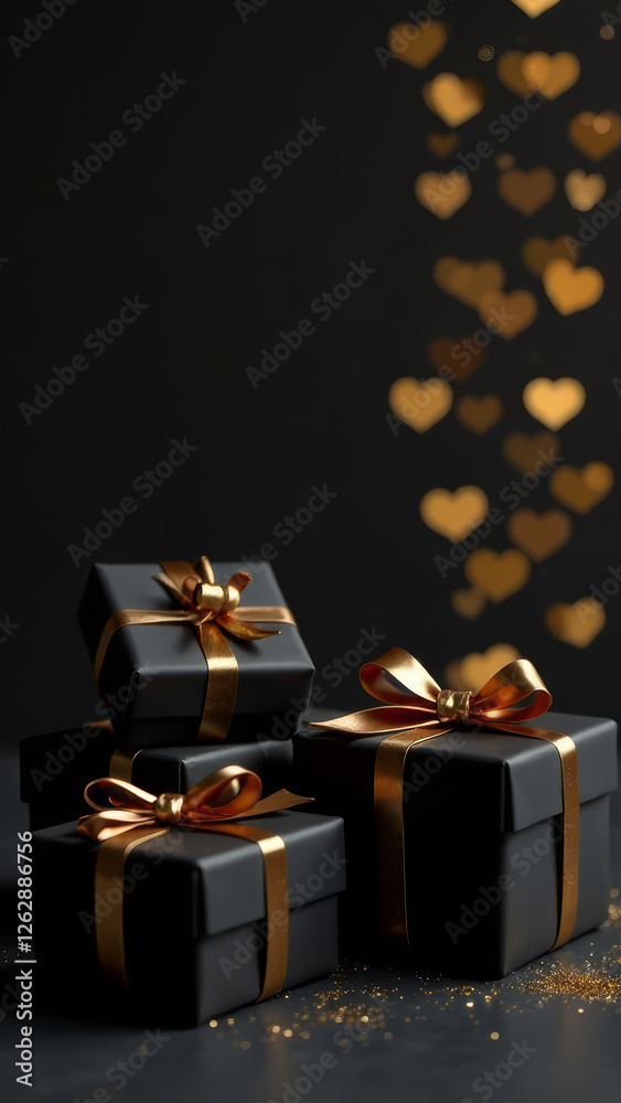 Gifts in Black Wrapping Paper with Gold Ribbon on Dark Background, heart shaped Bokeh, Copy Space, vertical Gifts in Black Wrapping Paper with Gold Ribbon on Dark Background, heart shaped Bokeh, Copy Space, vertical