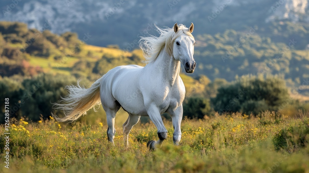Obraz premium White horse running in a meadow with mountains in background
