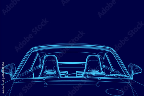 A blue car with a blue interior. The car is a convertible with a blue top. The car is shown from the side, with the seats visible