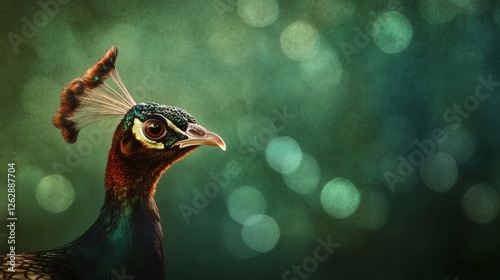 Beautiful peacock showing off its colorful and iridescent plumage on a blurred green background with bokeh effect, creating a stunning and elegant portrait of this majestic bird photo