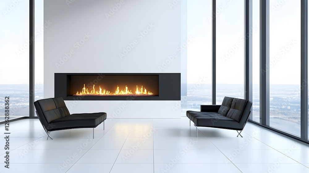 Fototapeta premium Modern Minimalist Living Room with Fireplace and Large Windows