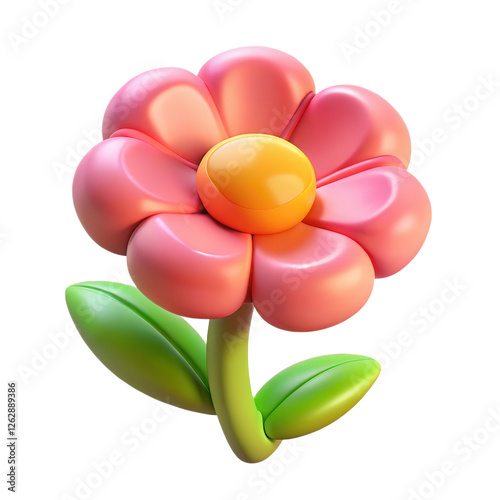 Colorful 3D illustration of a whimsical flower with pink petals and green stem on white background
