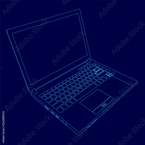 A laptop is shown in a blue color. The laptop is open and the keyboard is visible.