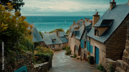 Fototapeta Naklejka Na Ścianę i Meble -  small French village by the sea, where the cobbled streets and colorful homes lead to breathtaking views of the ocean,