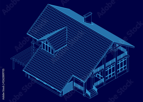 A blue house with a slanted roof and a chimney. The roof is made of shingles and the chimney is made of bricks. The house has a lot of windows, which let in a lot of light. Isometric view