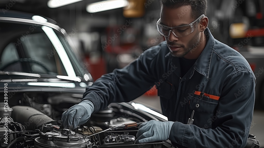 Skilled Mechanic Performing Repairs on Classic Car Engine in Dimly Lit Auto Shop with Tools and Equipment Visible Skilled Mechanic Performing Repairs on Classic Car Engine in Dimly Lit Auto Shop with Tools and Equipment Visible