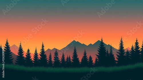 Serene sunset over a mountain range with silhouettes of pine trees in the foreground