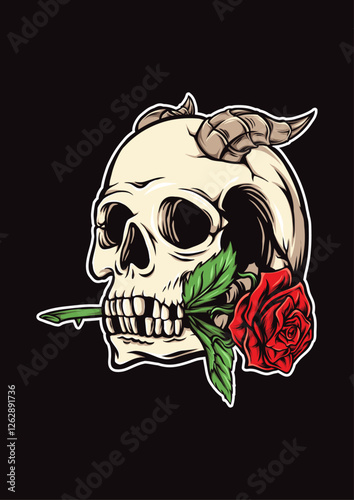 Skull with Rose: An artistic and slightly gothic illustration of a skull adorned with horns, holding a vibrant red rose in its mouth against a deep, dark backdrop.