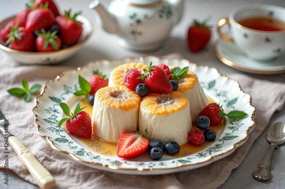 Elegant dessert with flan, strawberries, and blueberries on vintage china plate Elegant dessert with flan, strawberries, and blueberries on vintage china plate