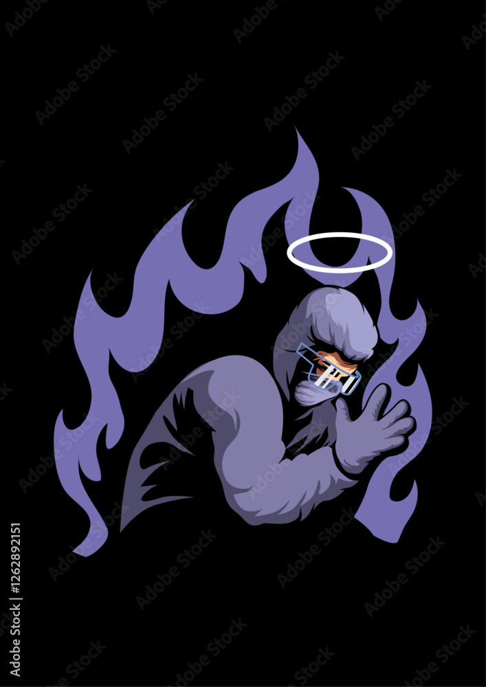 Fototapeta premium Mystery Guardian: A cool character is shrouded in purple flames, sporting trendy sunglasses, and a heavenly halo. Capturing the essence of mystery.