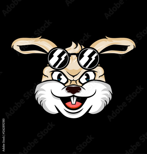 Rebellious Rabbit with Sunglasses: This image presents a cool, edgy rabbit wearing sunglasses and sporting an intense, determined facial expression on a solid black background. 