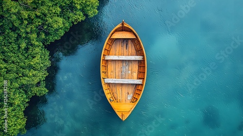 Breathtaking aerial view of a wooden boat peacefully floating on the calm turquoise waters with minimal ripples and bright warm sunlight creating a serene idyllic atmosphere