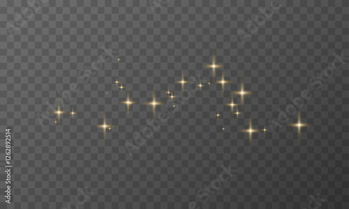 Golden sparkles, twinkling stars, gold glitter effect. Magic dust vector overlay