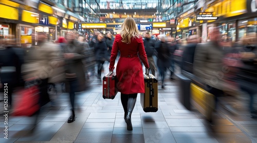 Woman Walking with Luggage in Busy Train Station with Motion Blur and Vibrant Yellow Lights