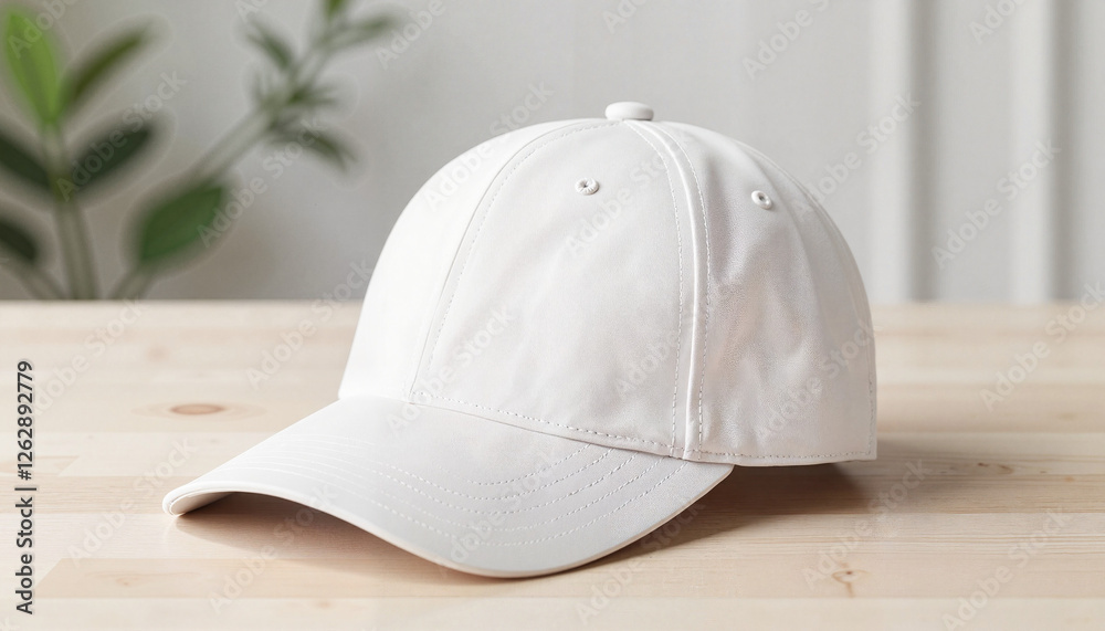 White baseball cap mockup on wooden table White baseball cap mockup on wooden table