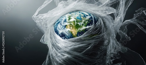 A symbolic image of Earth wrapped tightly in layers of plastic wrap, suffocating under humanity's waste.