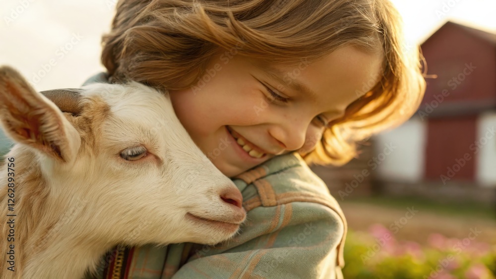 a child hugging a goat, a joyful moment captured. The child and goat share a heartwarming connection. Their bond is evident in the image, making it ideal for stories about love, care. a child hugging a goat, a joyful moment captured. The child and goat share a heartwarming connection. Their bond is evident in the image, making it ideal for stories about love, care.