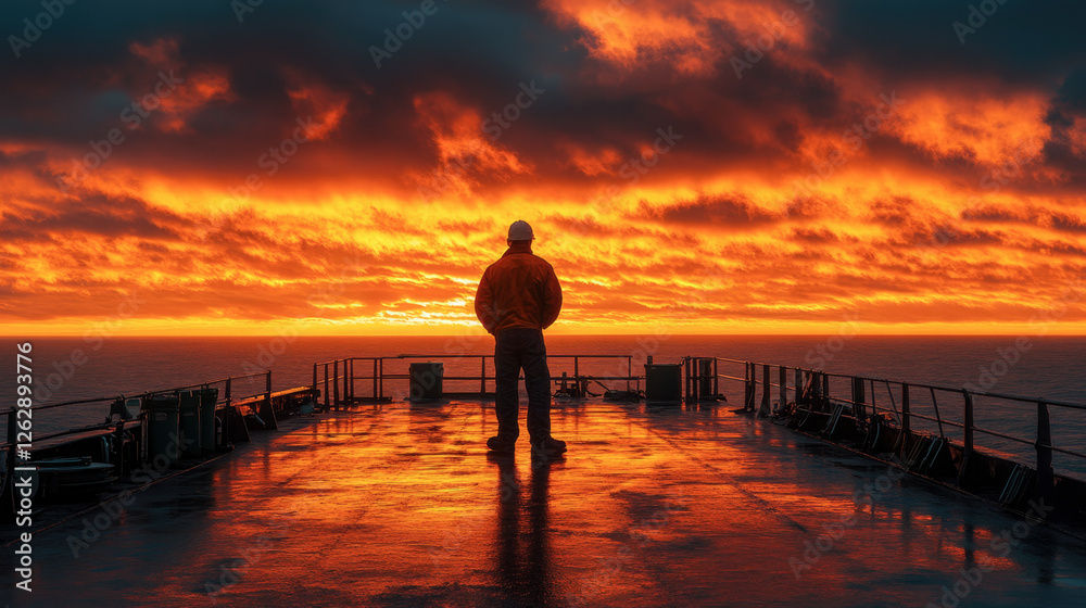 Solitary figure admiring a vibrant sunset at sea Solitary figure admiring a vibrant sunset at sea