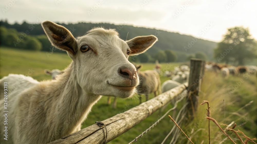 a curious goat peeking through a wooden fence. It has a sweet expression, looking directly at the camera. The sun is setting in the background, casting a golden light over the field. a curious goat peeking through a wooden fence. It has a sweet expression, looking directly at the camera. The sun is setting in the background, casting a golden light over the field.