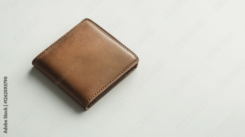 A brand new empty wallet with no contents, placed diagonally on a seamless white surface. A brand new empty wallet with no contents, placed diagonally on a seamless white surface.