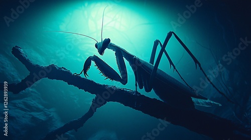 A striking mantis perched on a branch in a dimly lit forest, creating an eerie atmosphere