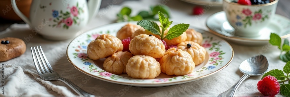 Decorative plate of cream puffs with mint and berries on floral table setting
