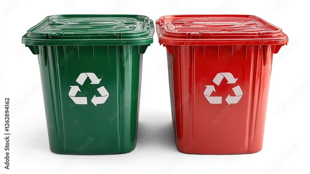 Eco-Friendly Red and Green Recycling Bins for Waste Sorting and Urban Garbage Disposal, Isolated on White Background Eco-Friendly Red and Green Recycling Bins for Waste Sorting and Urban Garbage Disposal, Isolated on White Background