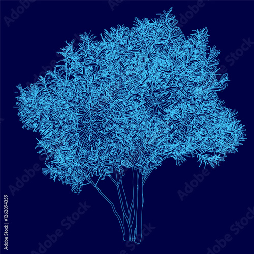 A blue tree with a blue sky background. The tree is very large and has a lot of branches
