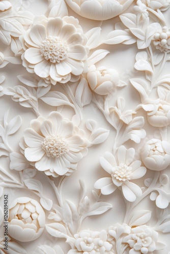 Ornate white floral bas-relief. Detailed floral carvings. Possible use Home decor design, crafting ideas