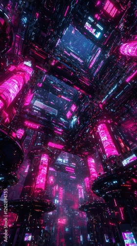 Futuristic city, neon lights, aerial view, vibrant structures, digital art, sci-fi background