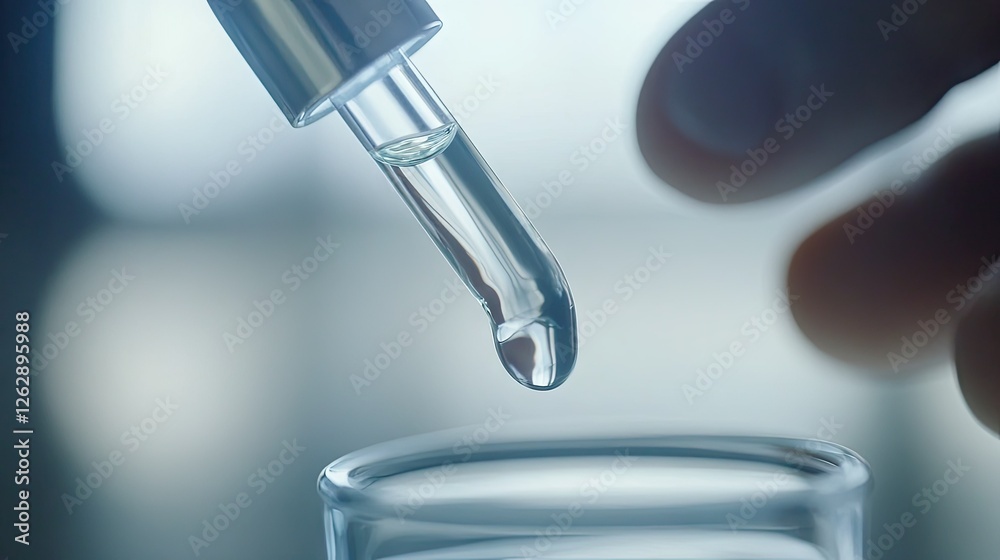 A close-up of a dropper dispensing clear serum onto a hand, with an elegant and calming feel to the photo. A close-up of a dropper dispensing clear serum onto a hand, with an elegant and calming feel to the photo.