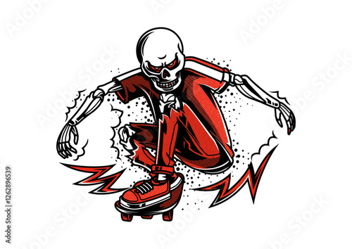 Skeleton Skateboarder: A daring skeleton figure, embodying the thrill of skateboarding, is captured in a vibrant illustration, gliding with edgy style.