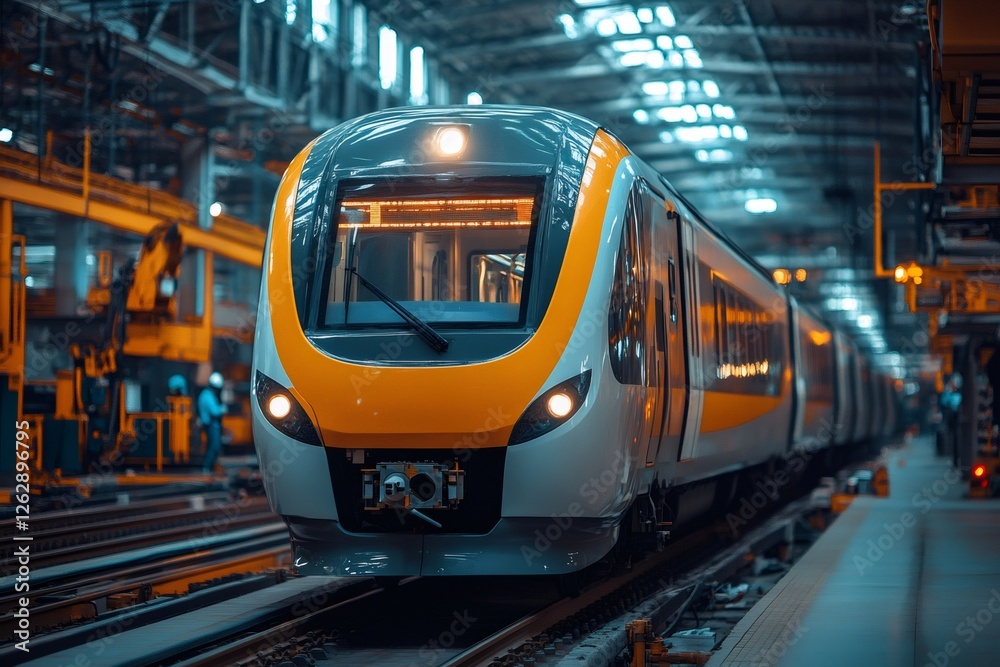 Fototapeta premium Modern electric passenger train standing inside production line of train factory