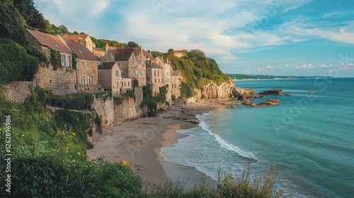 seaside village in France, where traditional architecture meets the ocean edge,