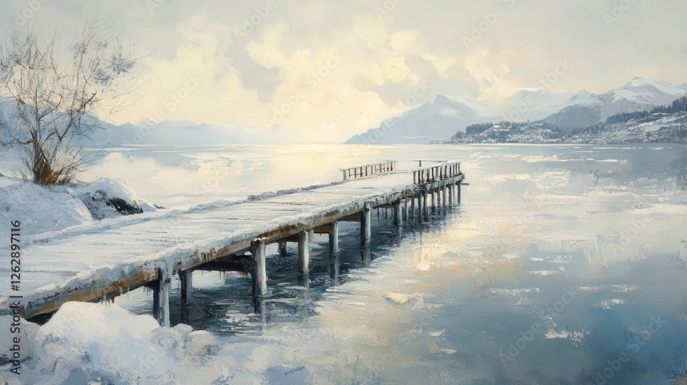 Norwegian pier as it stretches into icy waters, surrounded by the soft, muted colors of a winter landscape Norwegian pier as it stretches into icy waters, surrounded by the soft, muted colors of a winter landscape