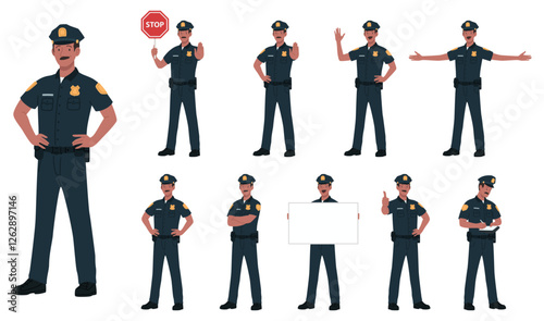 Male Police Officer Cartoon Vector Illustration Poses. Young Black Police Men Cop In Dark Blue Uniform. Standing, Holding Signboard, Stop Sign, Ticket, Isolated