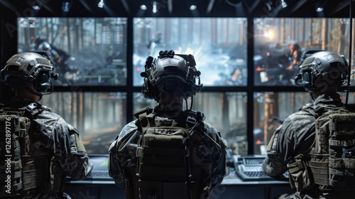 Virtual reality military simulation war game strategy control room soldier surveillance defense technology VR gaming training
