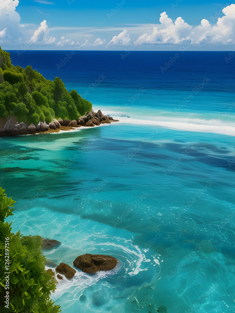 Fototapeta premium 발리의 깨끗한 해안선에서 영감을 받은 수정처럼 맑은 에메랄드빛 바다가 숨막히는 열대 바다 풍경입니다. 부드러운 파도가 수면을 가로질러 흐르며 청록색과 짙은 녹색의 매혹적인 춤으로 햇빛을 반사합니다.