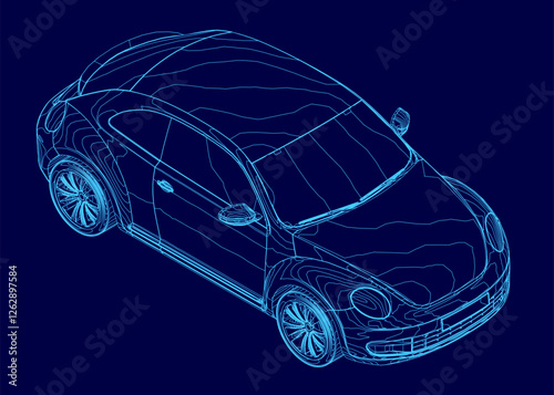 A blue car outline. The car is shown in a blue color scheme. Isometric view