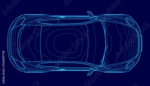 A blue car is shown in a computer generated image. The car is a modern design with a sleek and aerodynamic shape. The image has a futuristic and high-tech feel to it. Top view