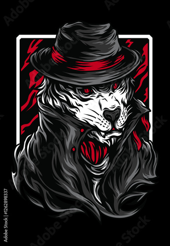 Tiger Mafia Boss Illustration: A captivating illustration of a ferocious tiger, adorned in a fedora and trench coat, exuding an aura of power and menace, ready to represent crime world.